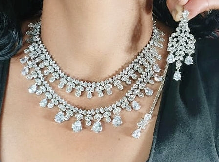 Double Layered American Diamond CZ Silver Finish Choker Eearings Set For Wedding - AD Layered Indian Jewelry