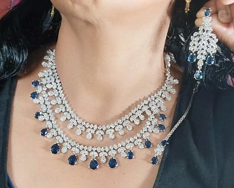 Double Layered American Diamond CZ Silver Finish Choker Eearings Set For Wedding - AD Layered Indian Jewelry