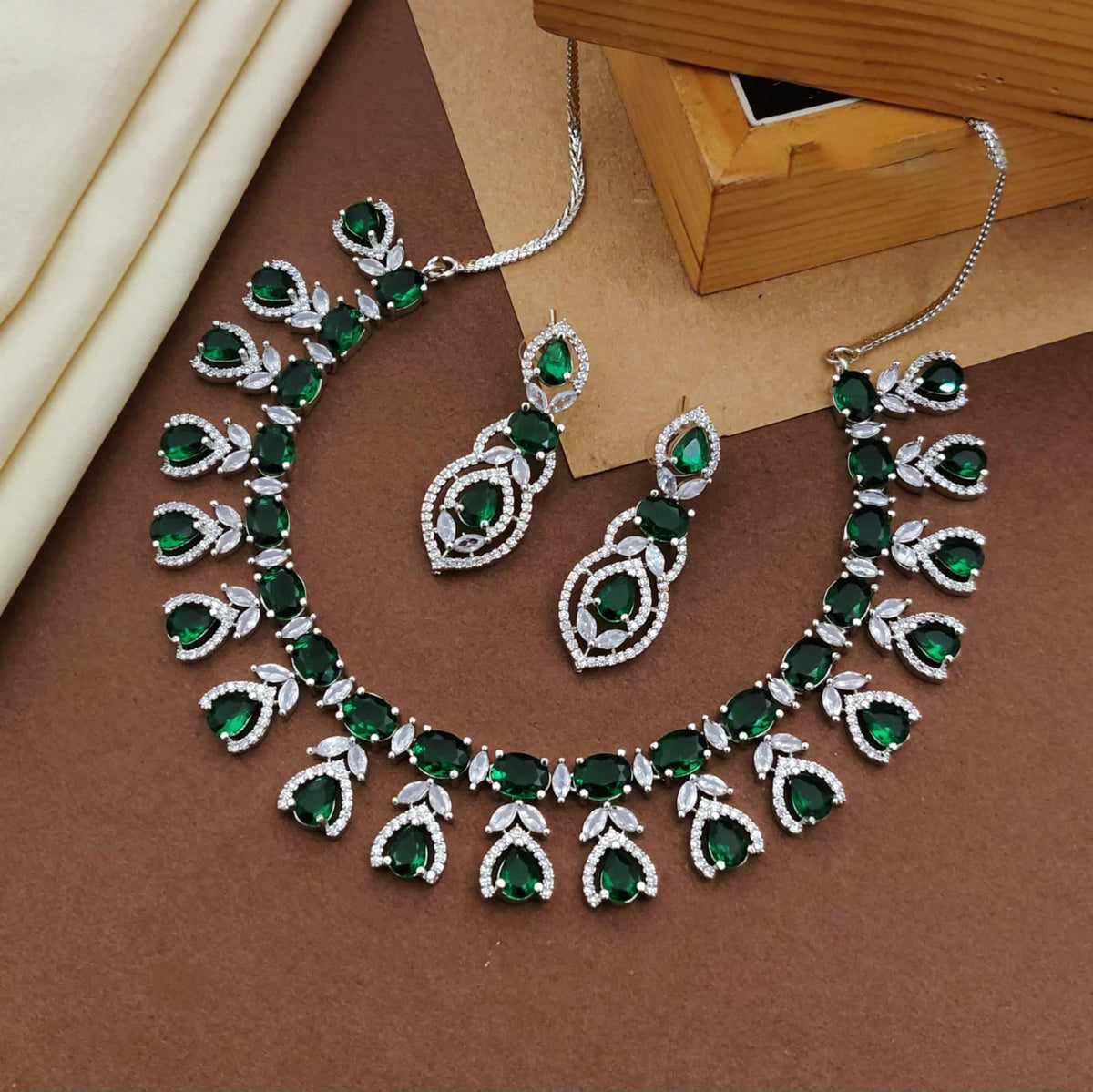 Floral Design American Diamond Choker Earrings Set For Wedding - CZ Choker Indian Jewelry