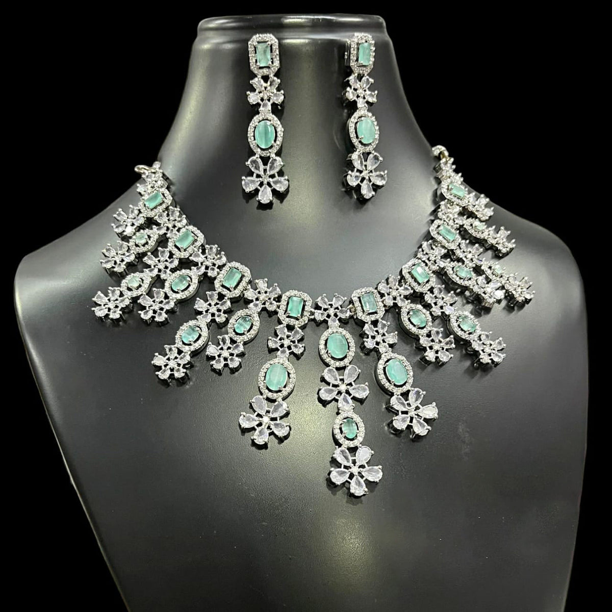 Punjabi AD Floral Silver Toned Choker Earrings Set - CZ Flower Diesign Choker Set Indian Jewelry