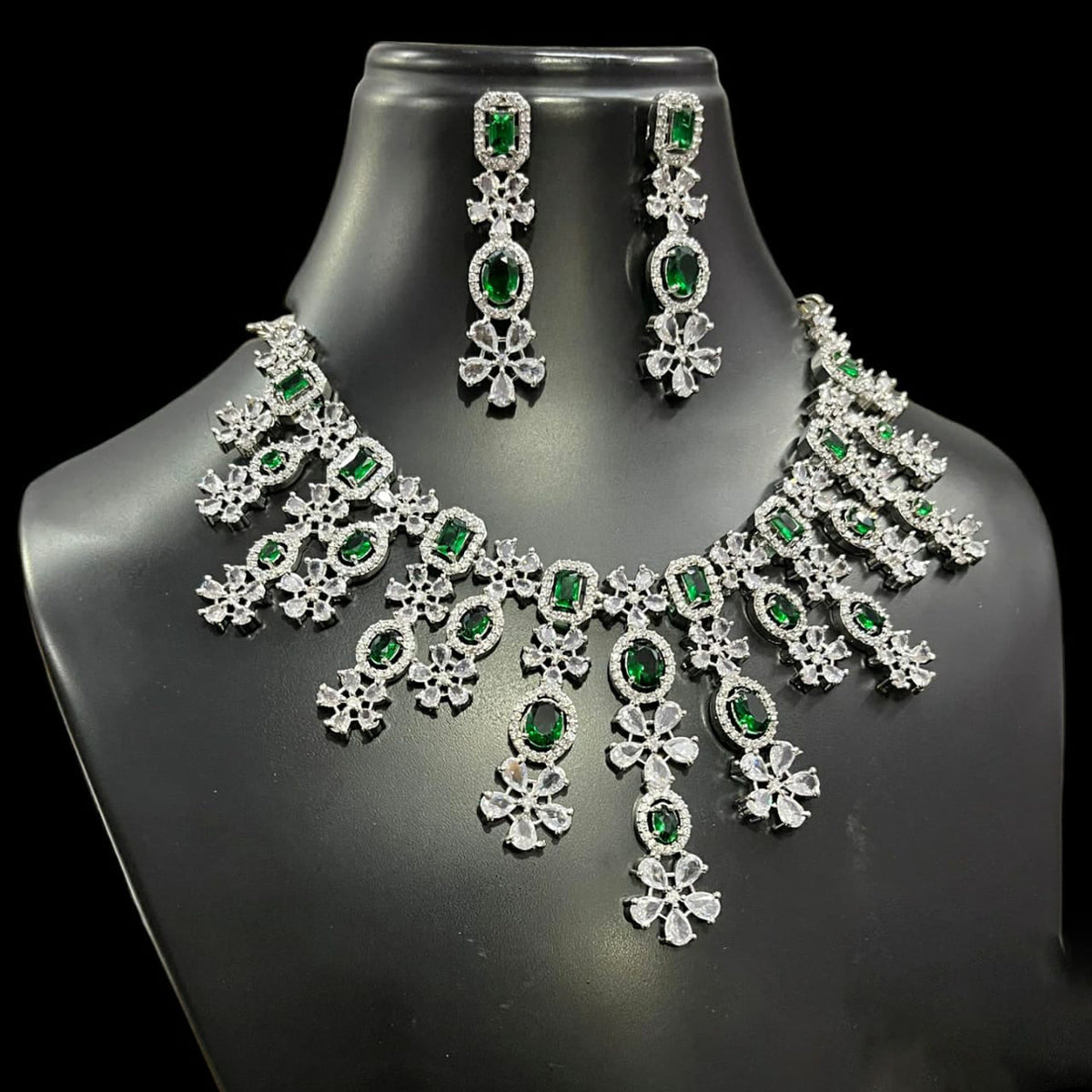 Punjabi AD Floral Silver Toned Choker Earrings Set - CZ Flower Diesign Choker Set Indian Jewelry