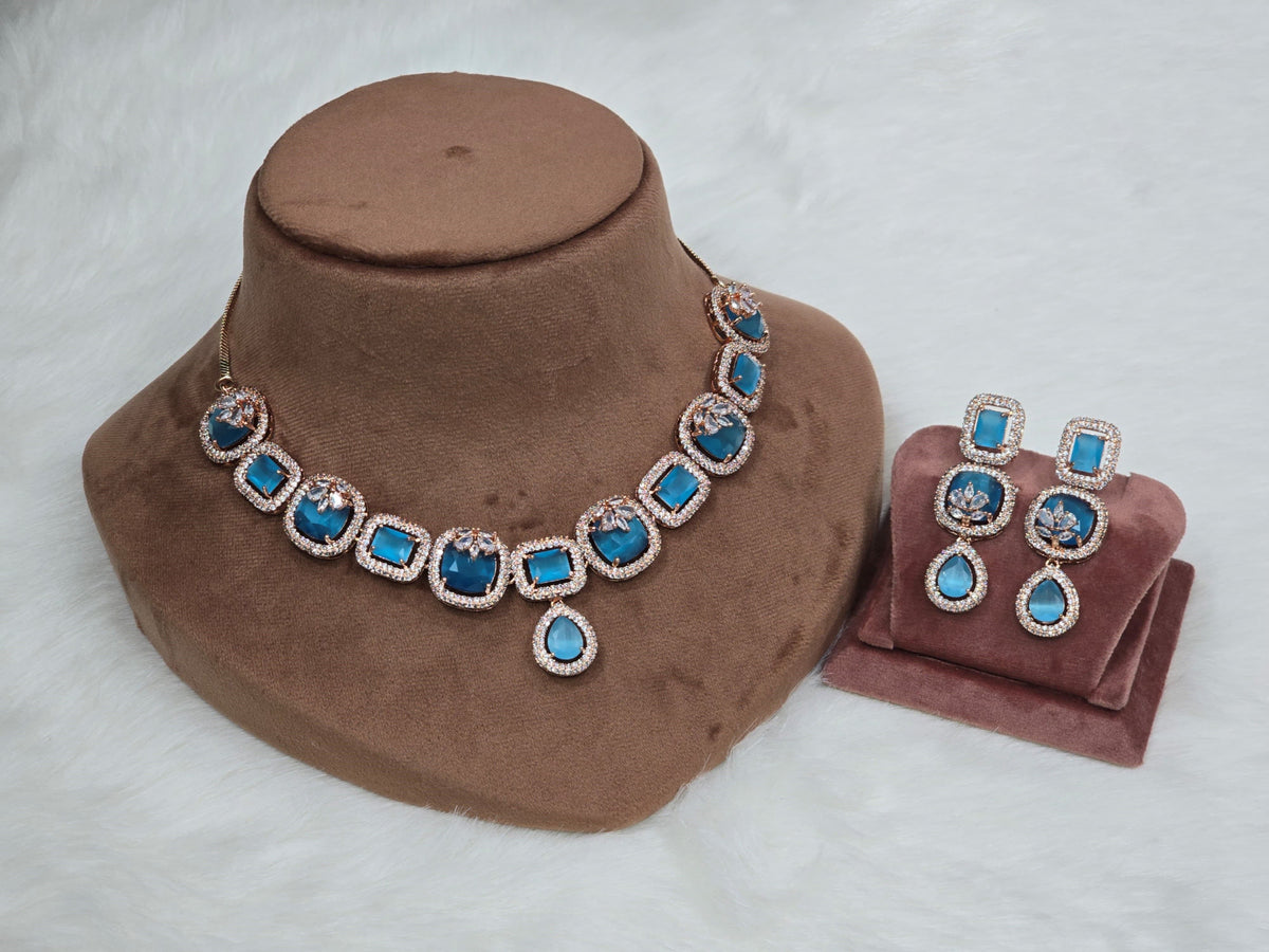 Jaipuri Gold Plated AD Choker Earrings Set For Wedding