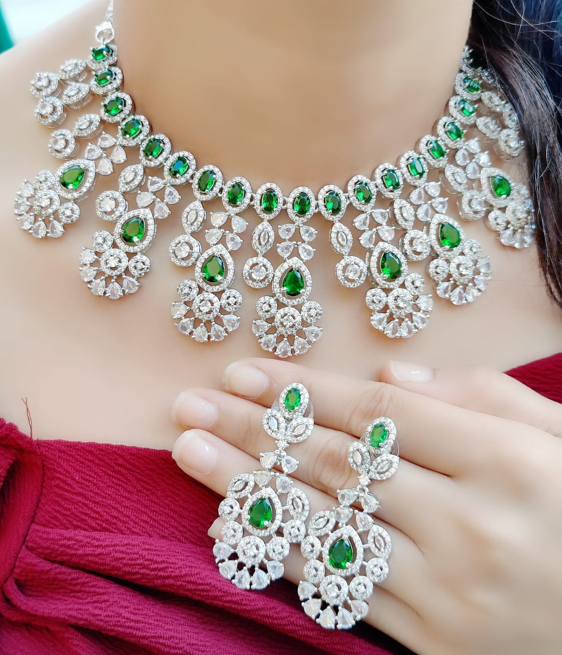 Indian Silver Tone Floral AD Choke Earrings Set - Floral AD Jewelry Set