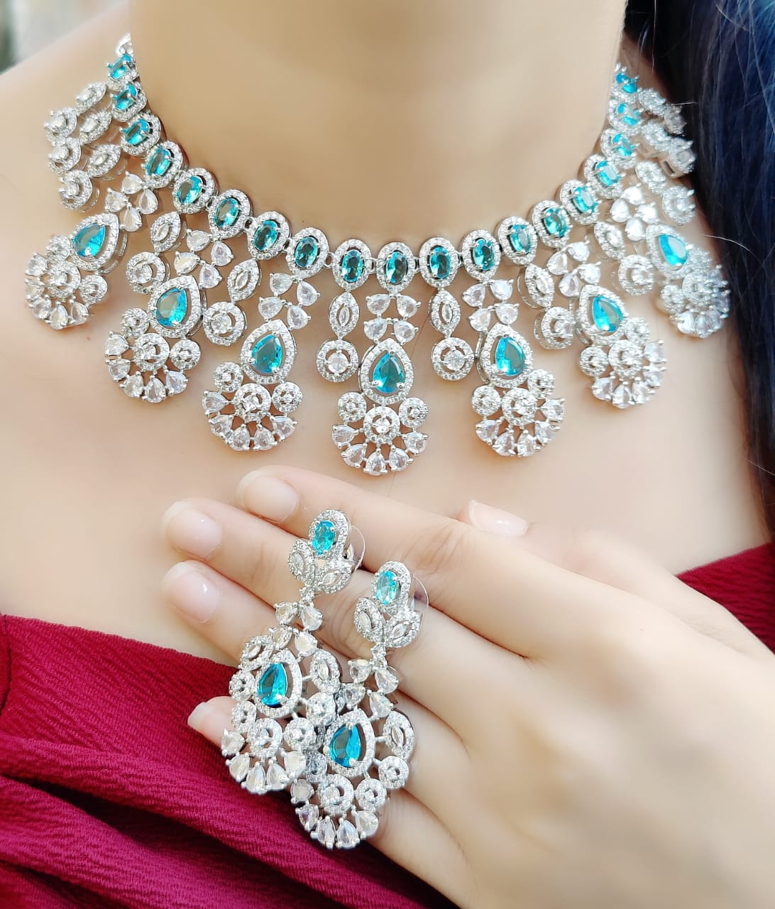 Indian Silver Tone Floral AD Choke Earrings Set - Floral AD Jewelry Set