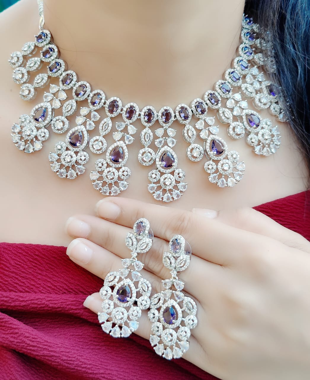 Indian Silver Tone Floral AD Choke Earrings Set - Floral AD Jewelry Set