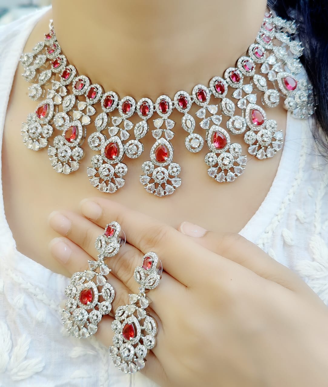 Indian Silver Tone Floral AD Choke Earrings Set - Floral AD Jewelry Set