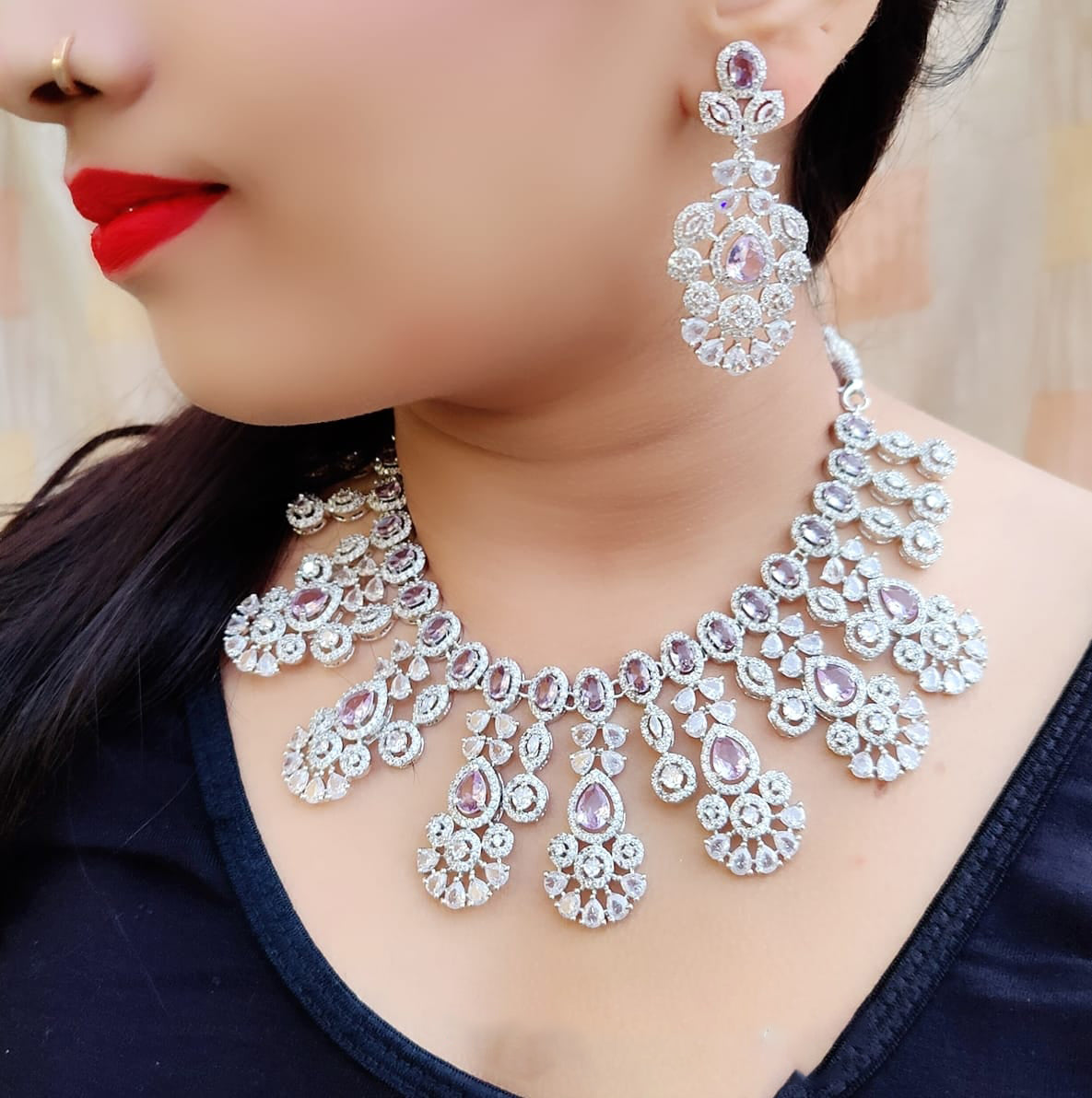 Indian Silver Tone Floral AD Choke Earrings Set - Floral AD Jewelry Set