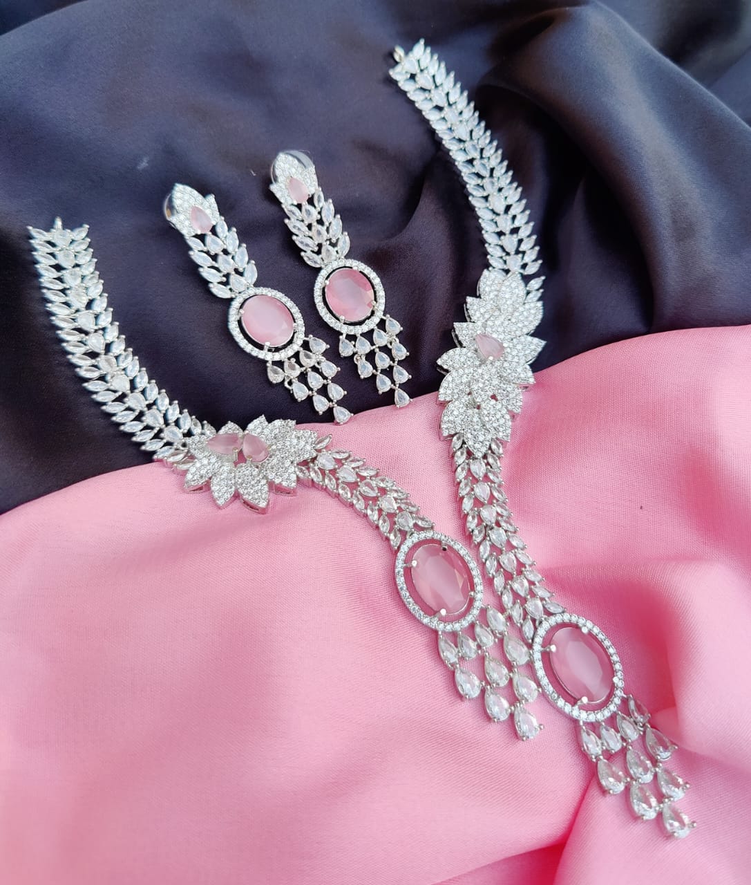 Rajsthani Flower Design American Diamond Neckace Earrings Set - Rajsthani AD Jewelry Set