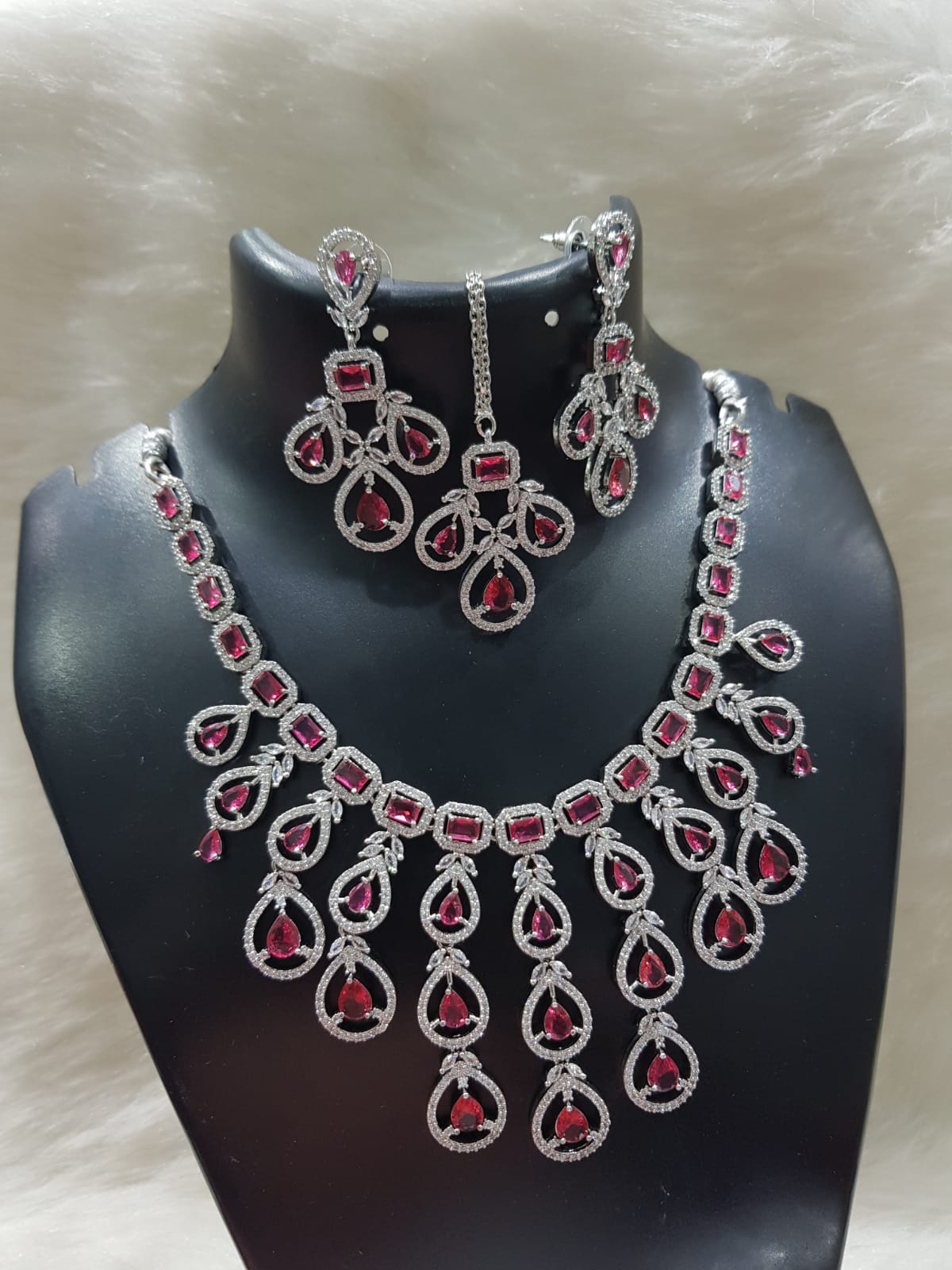 Multi Layered Silver Finish CZ Necklace Earrings Mangtika Set - CZ Floral Necklace Set