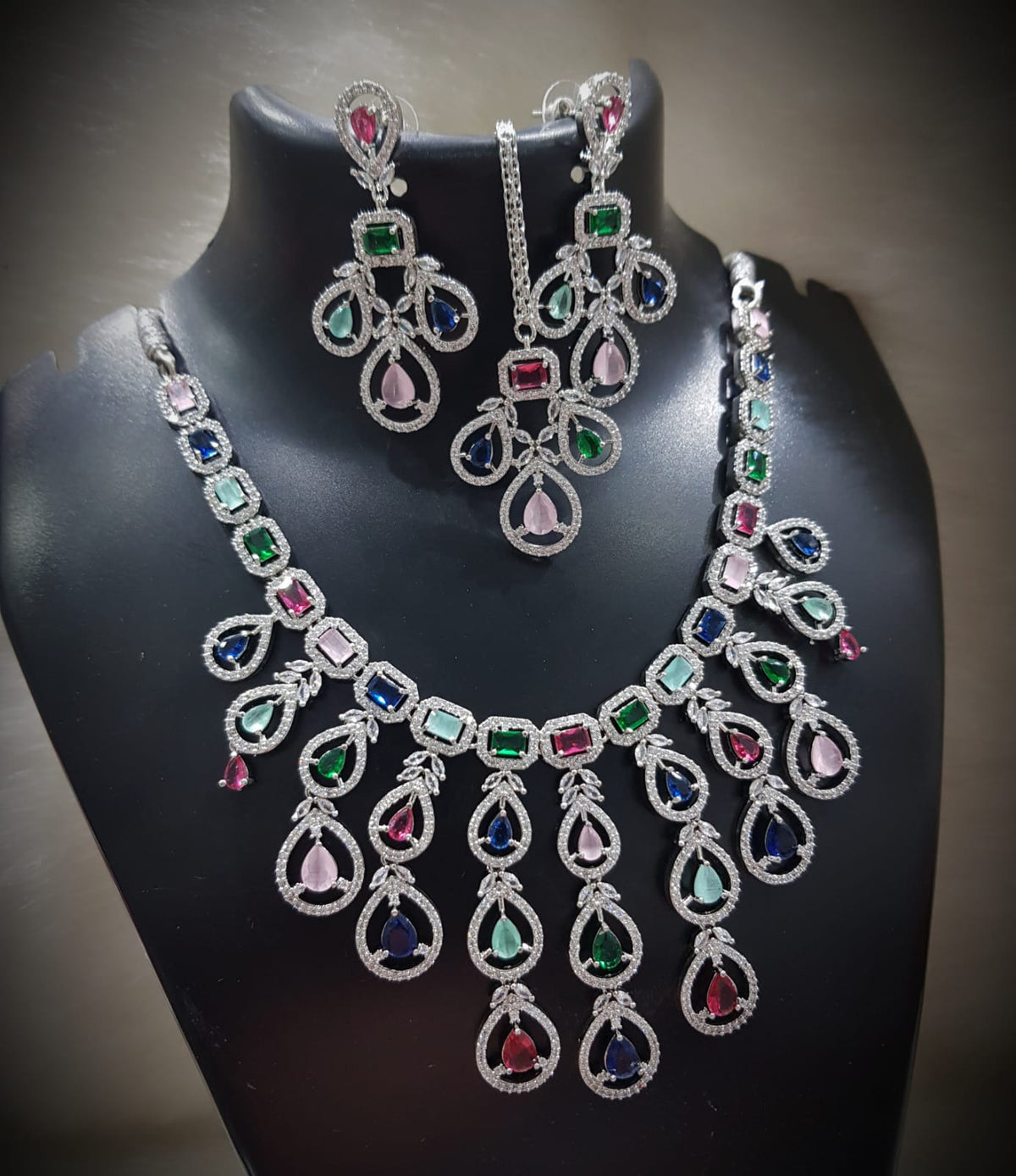Multi Layered Silver Finish CZ Necklace Earrings Mangtika Set - CZ Floral Necklace Set