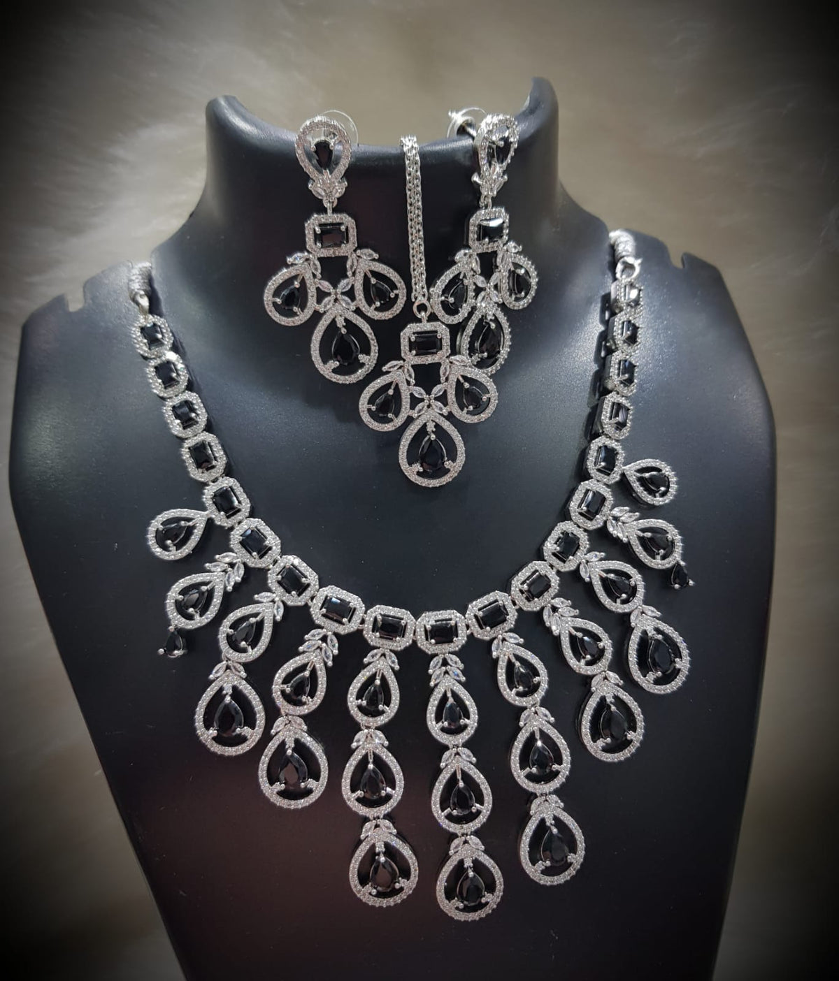 Multi Layered Silver Finish CZ Necklace Earrings Mangtika Set - CZ Floral Necklace Set