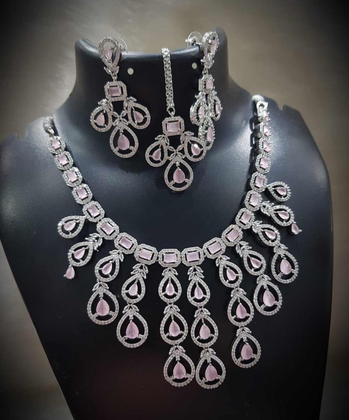 Multi Layered Silver Finish CZ Necklace Earrings Mangtika Set - CZ Floral Necklace Set