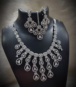 Multi Layered Silver Finish CZ Necklace Earrings Mangtika Set - CZ Floral Necklace Set