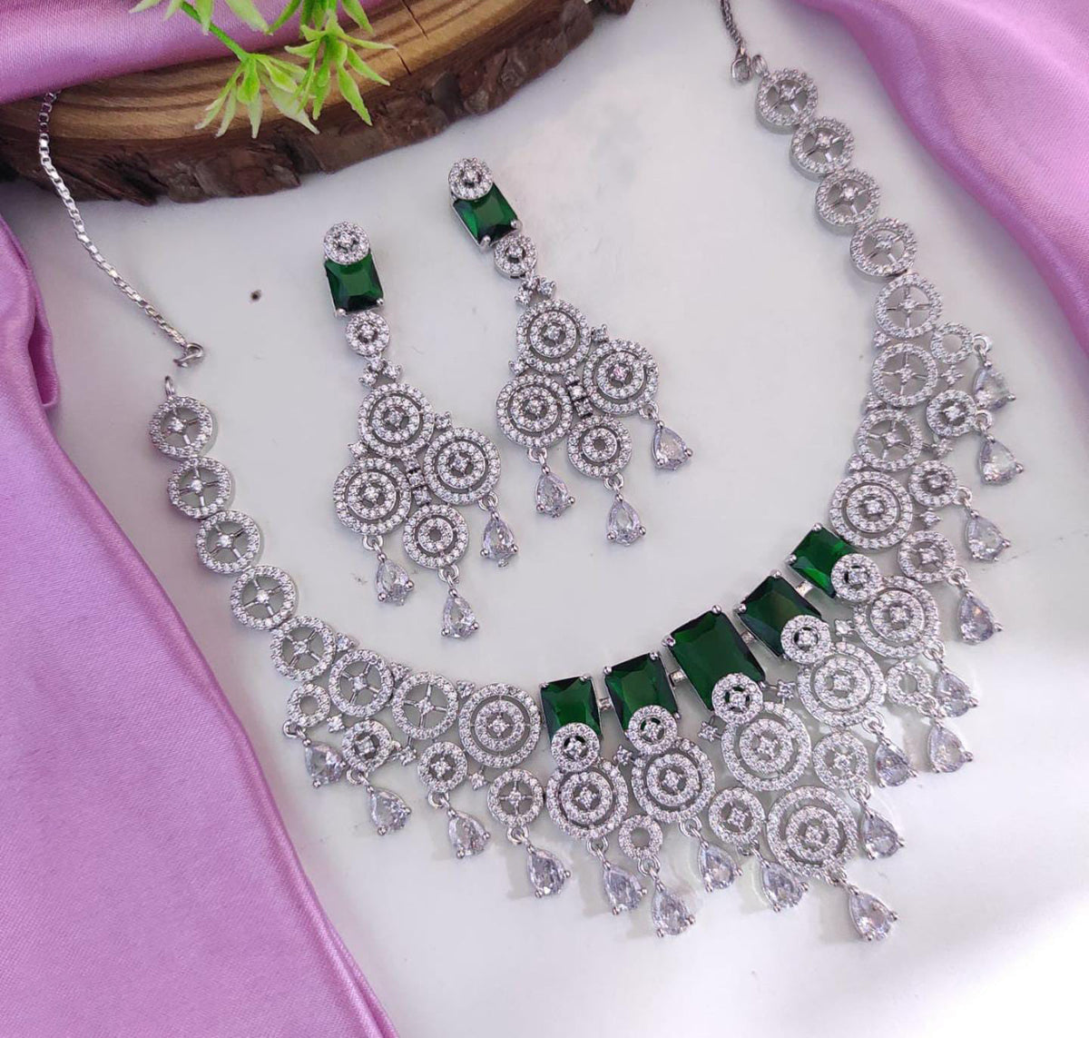 Layered CZ Silver Indian Choker Earrings Set For Women - AD Choker Set