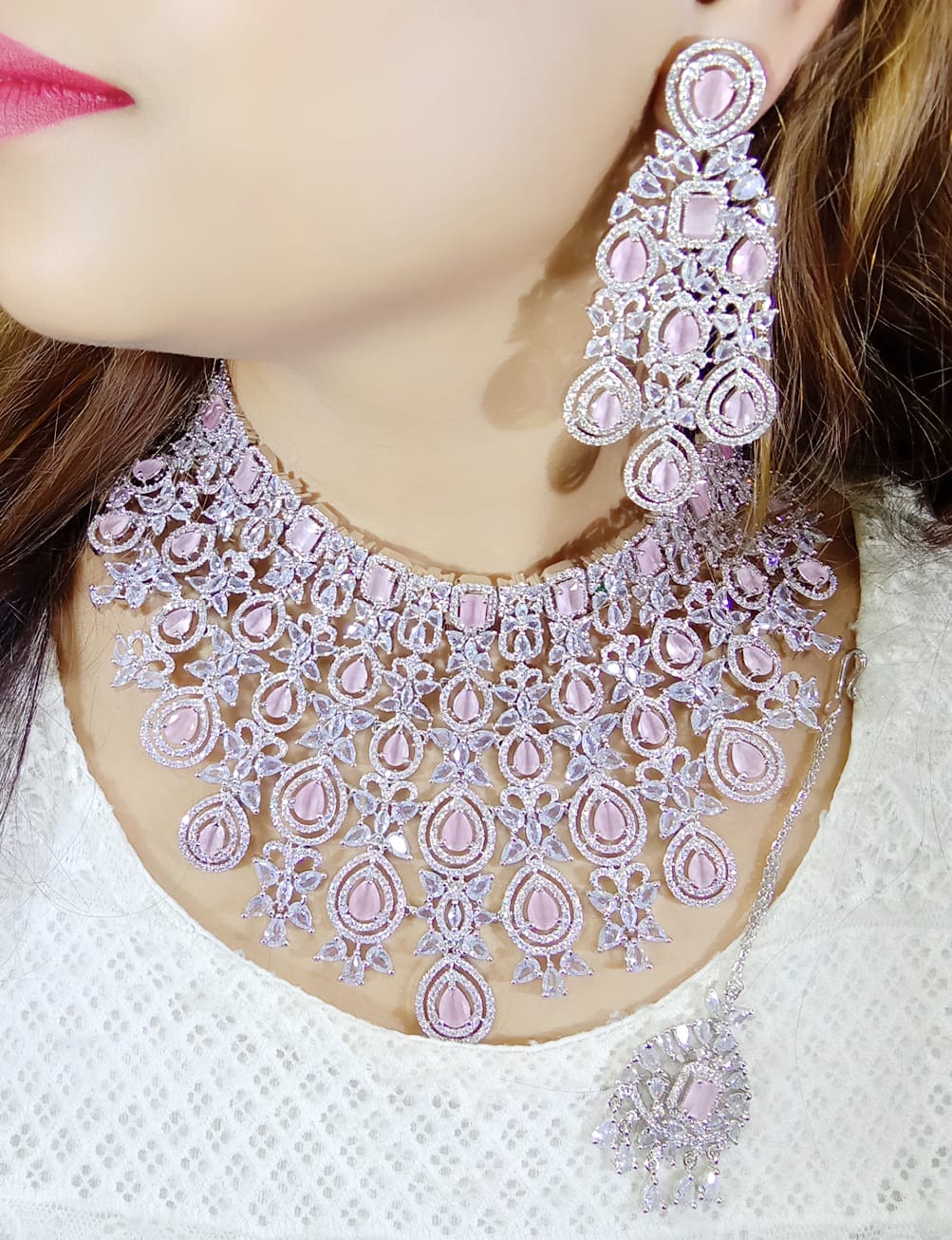 Multi Layered Bollywood Inspired CZ Choker Earring Set For Wedding