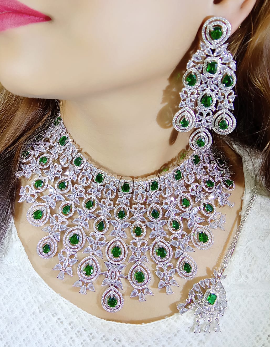Multi Layered Bollywood Inspired CZ Choker Earring Set For Wedding