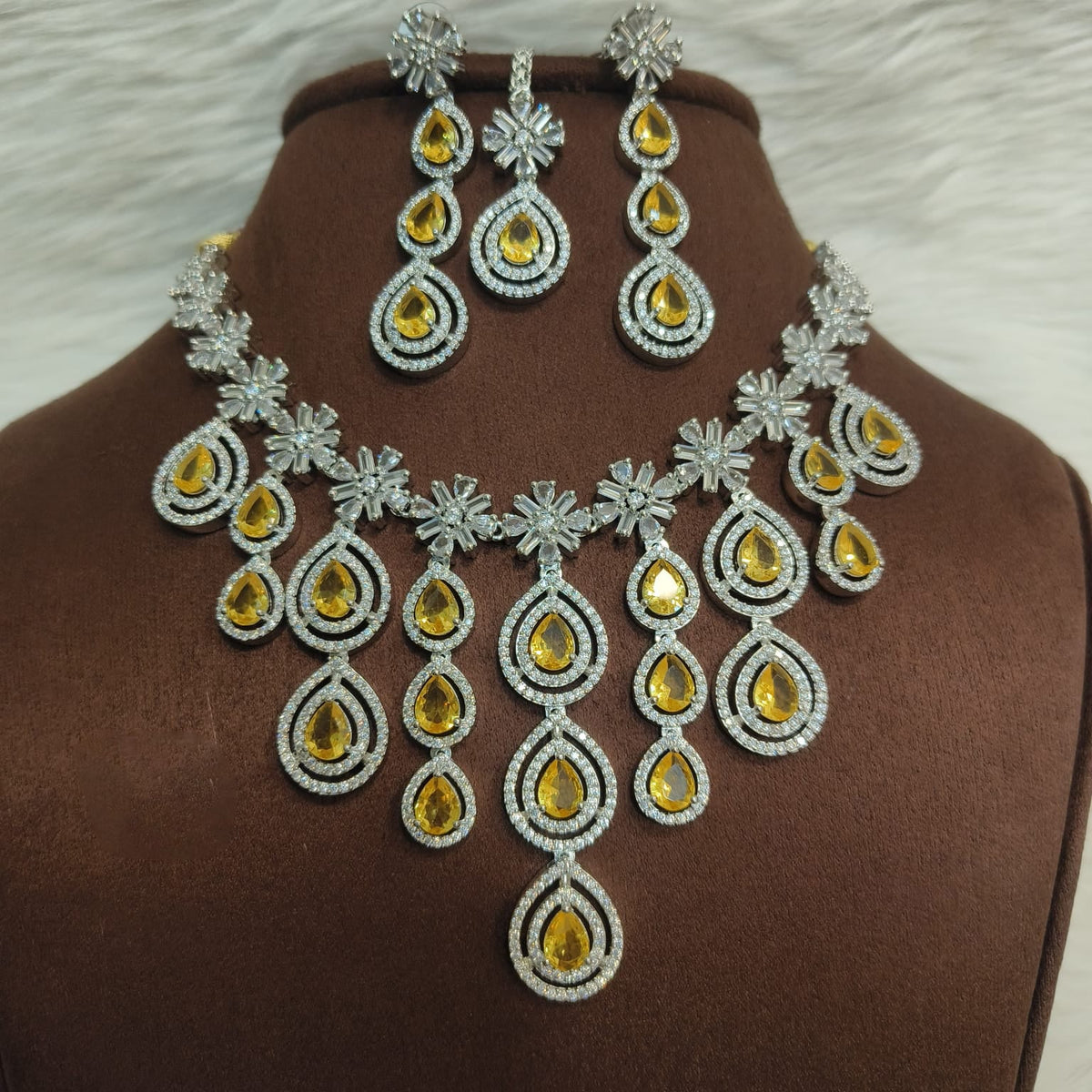 Sterling Floral Silver Finish AD Choker Earrings Set For Wedding