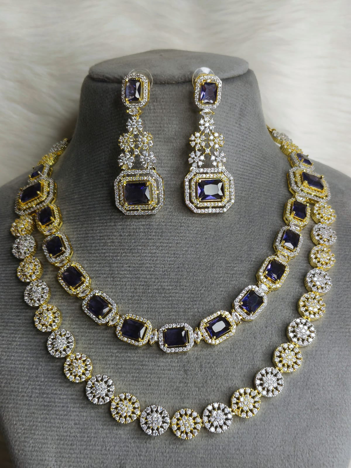 Wedding Double Layered AD Floral Design Necklace Earrings Indian Jewelry