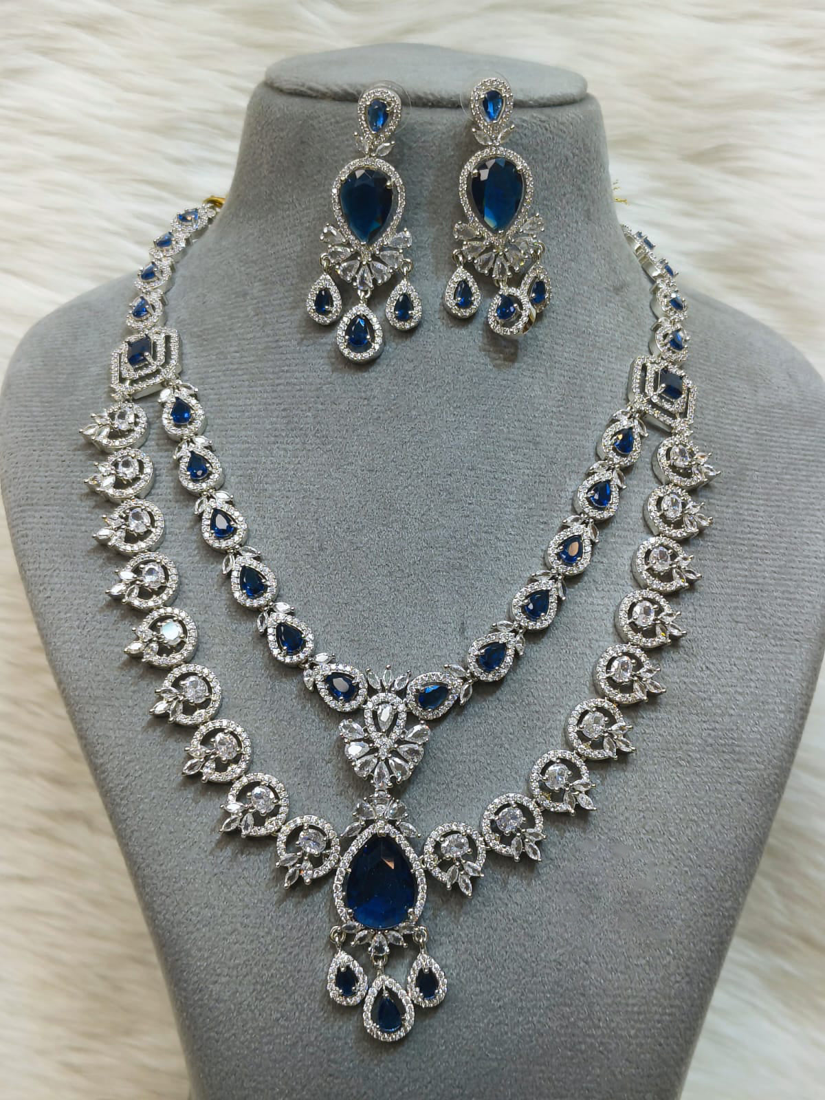 Pakistani Layered Silver Toned CZ Flower Design Statement Necklace Earrings Set For Wedding