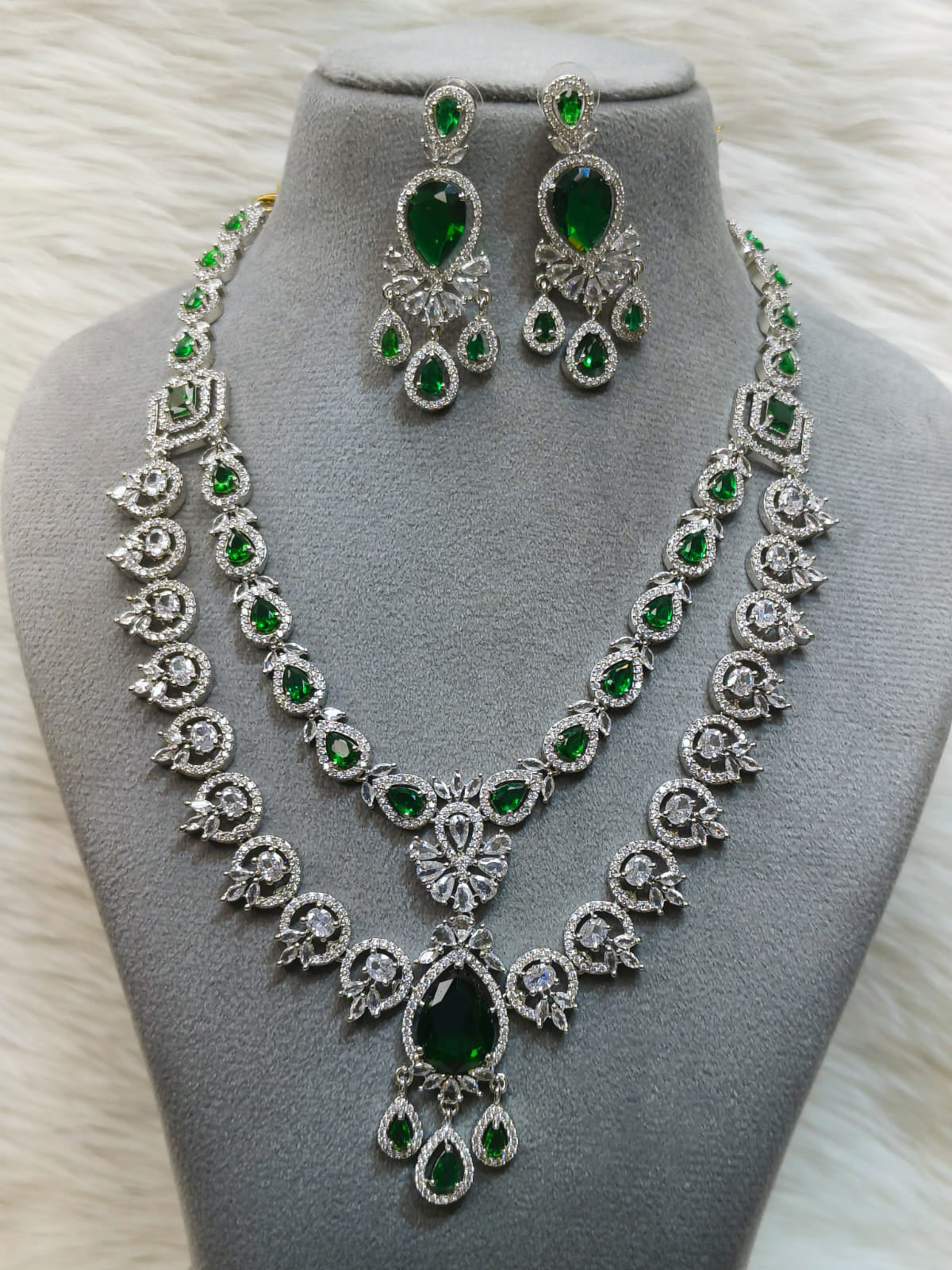 Pakistani Layered Silver Toned CZ Flower Design Statement Necklace Earrings Set For Wedding