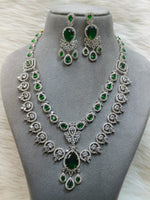 Pakistani Layered Silver Toned CZ Flower Design Statement Necklace Earrings Set For Wedding