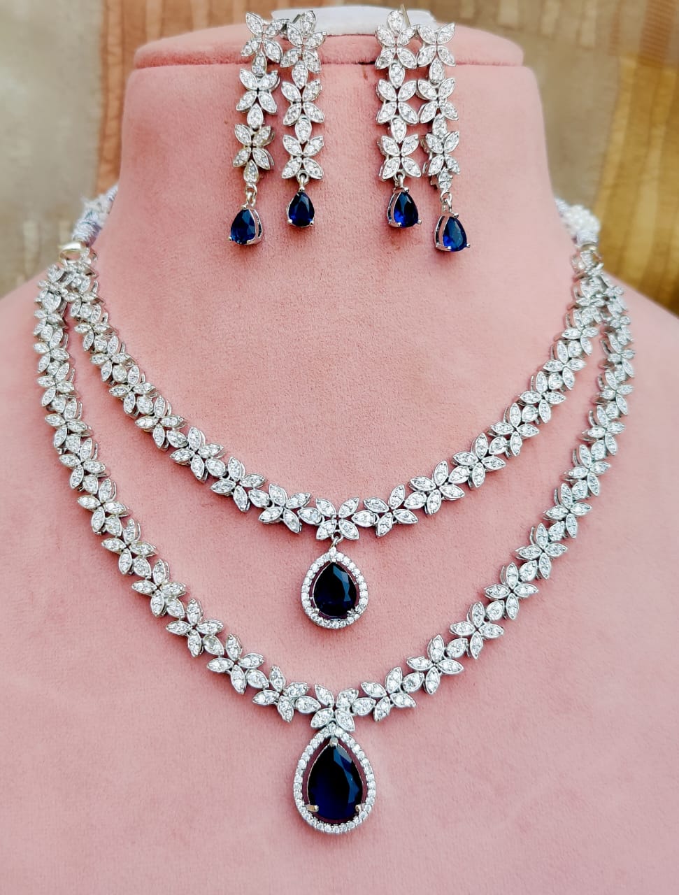 Silver Finish American Diamond Double Layer Floral Choker Earrings Set For Wedding