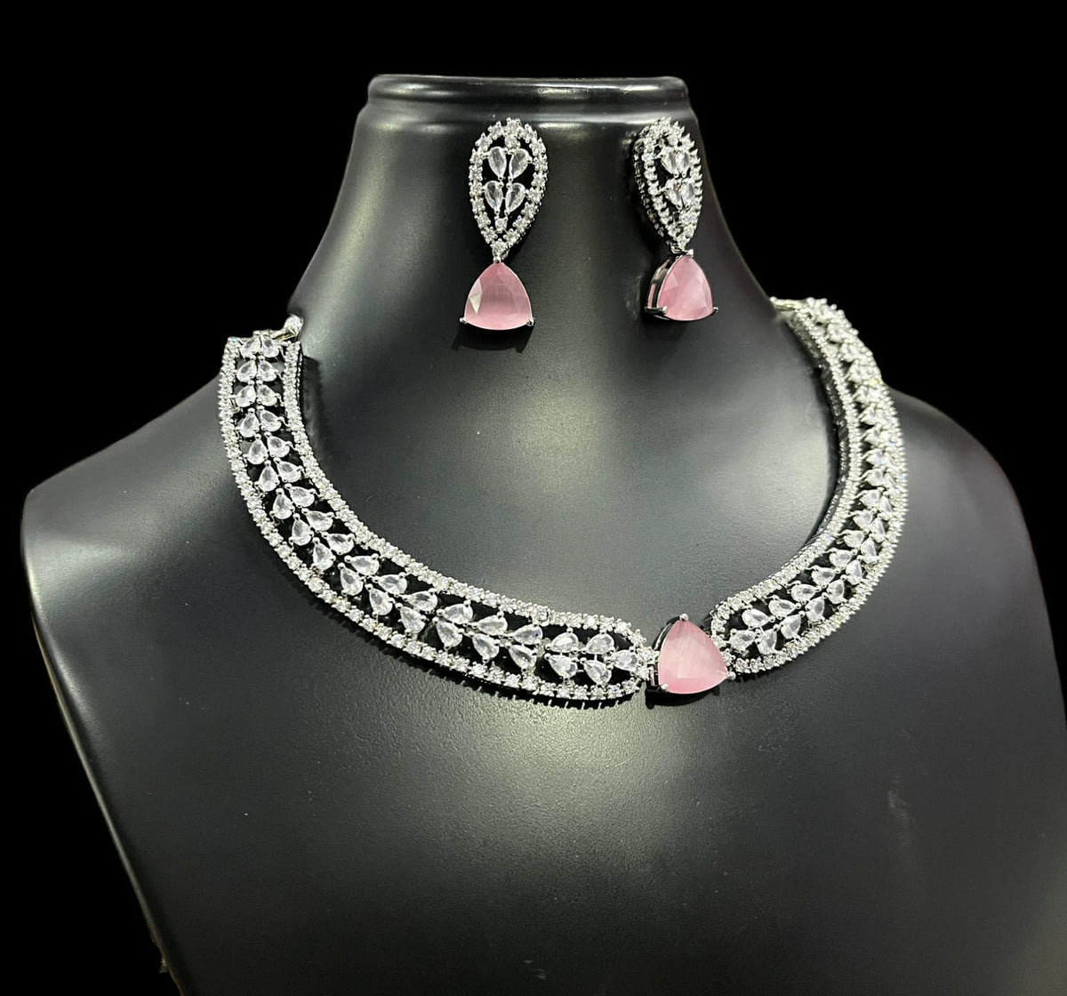 Silver Finish Flower Design CZ Choker Earrings Set For Wedding | Elegant Bridal Jewelry Set
