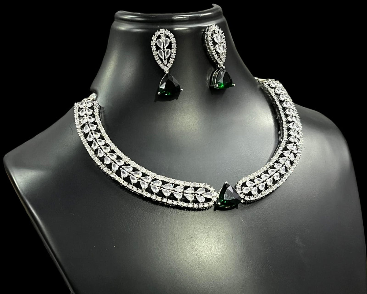 Silver Finish Flower Design CZ Choker Earrings Set For Wedding | Elegant Bridal Jewelry Set