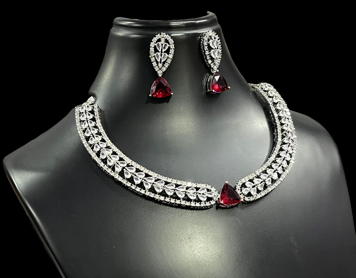 Silver Finish Flower Design CZ Choker Earrings Set For Wedding | Elegant Bridal Jewelry Set