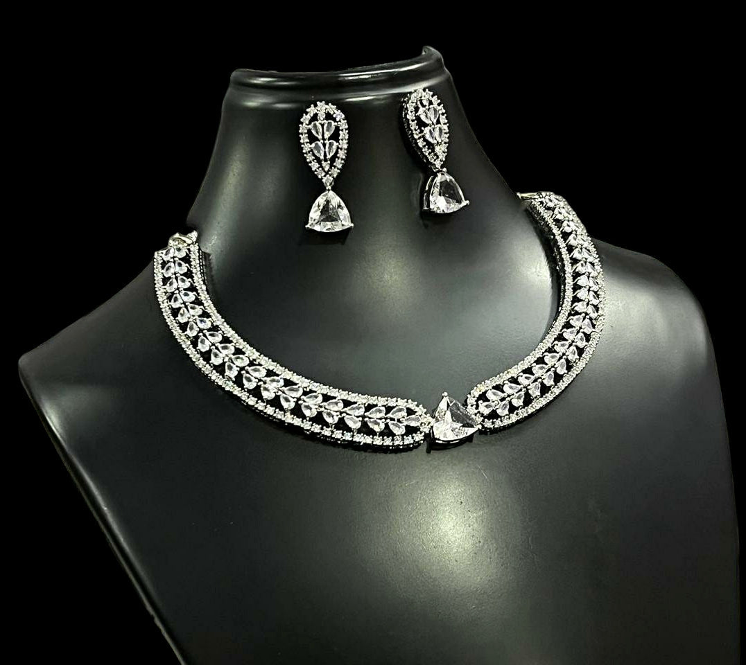 Silver Finish Flower Design CZ Choker Earrings Set For Wedding | Elegant Bridal Jewelry Set