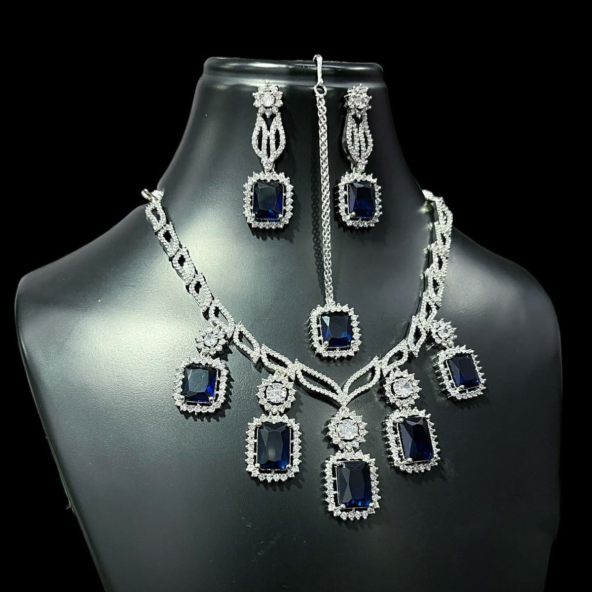 Square American Diamond Stone Work Necklace Earring Mangtikka Set