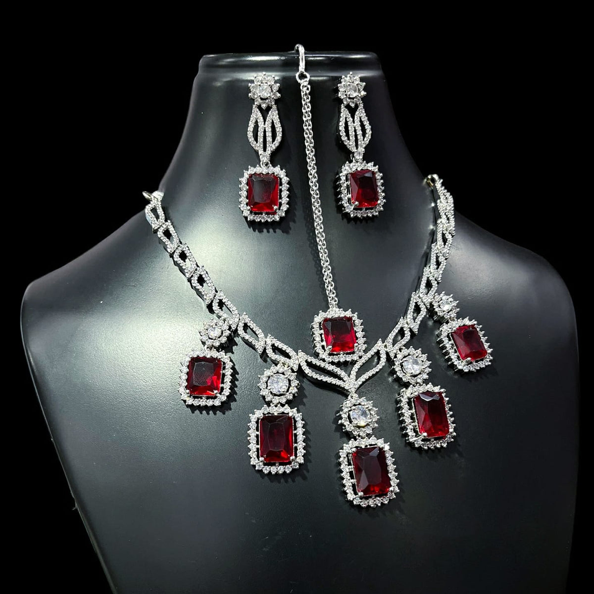 Square American Diamond Stone Work Necklace Earring Mangtikka Set