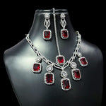 Square American Diamond Stone Work Necklace Earring Mangtikka Set