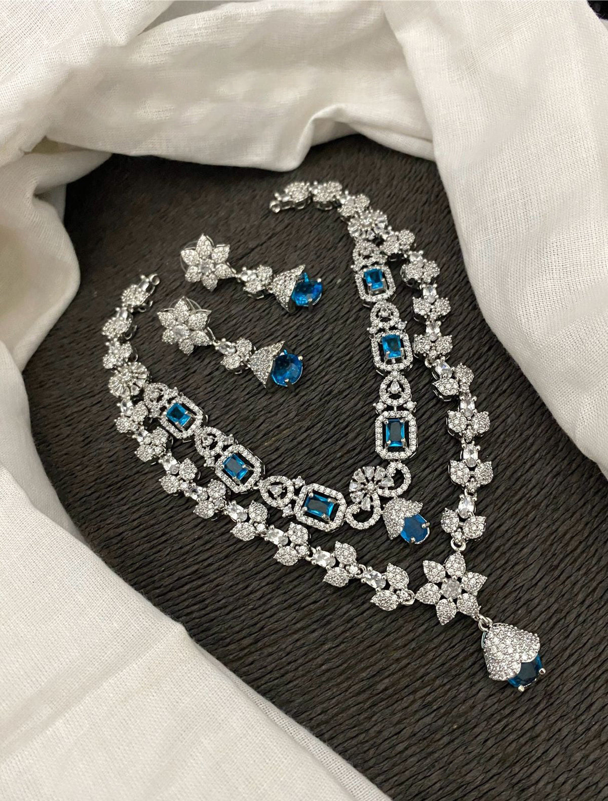 Pakistani Double Layered Floral AD Necklace Earring Set For Wedding