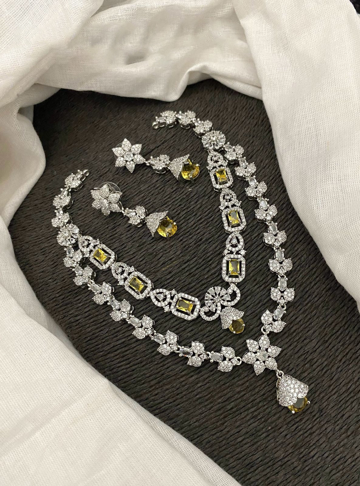 Pakistani Double Layered Floral AD Necklace Earring Set For Wedding