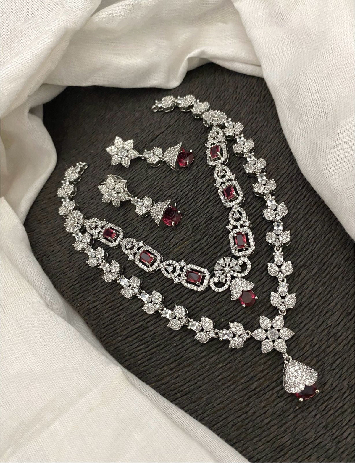 Pakistani Double Layered Floral AD Necklace Earring Set For Wedding