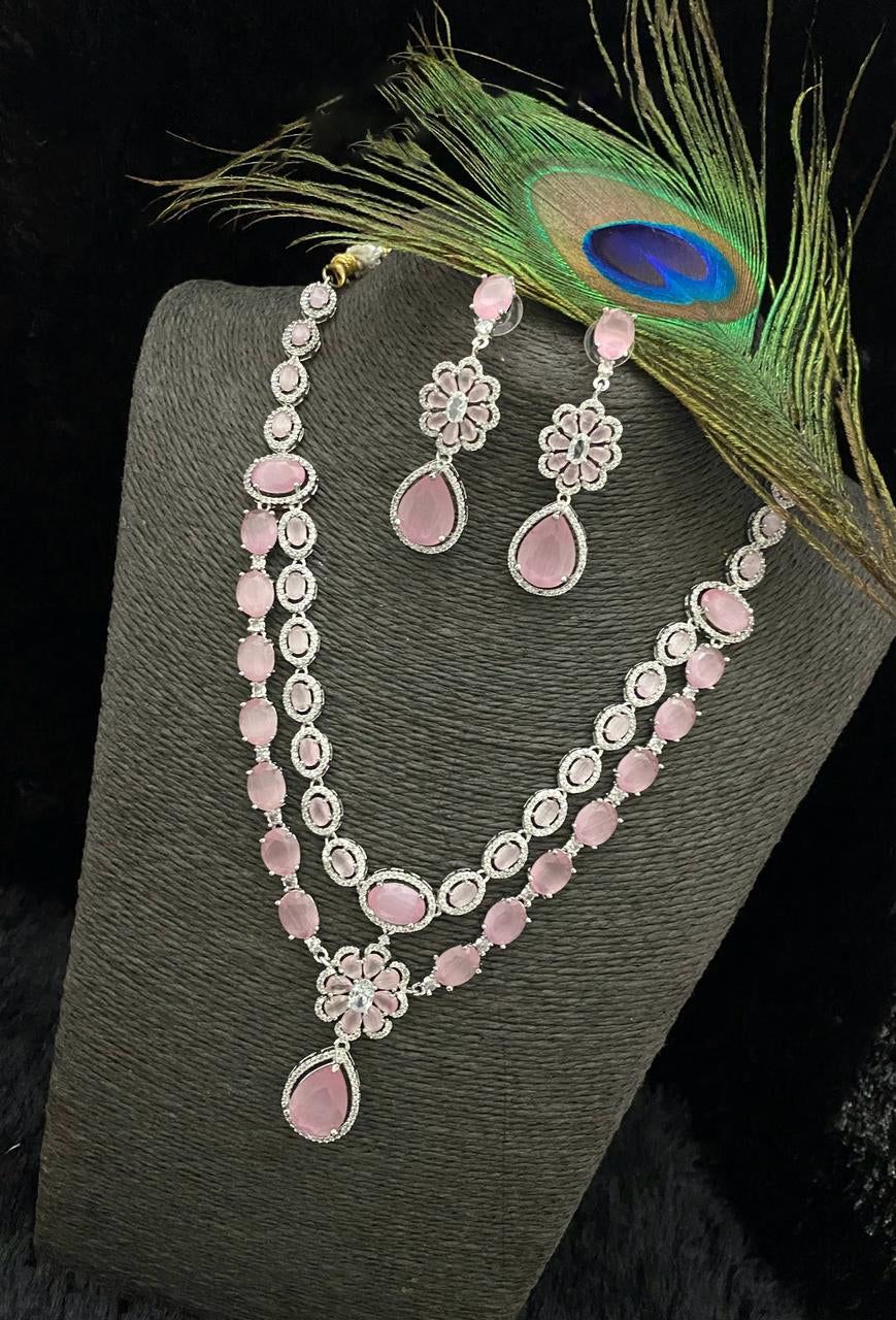 Punjabi Floral Double Layer CZ Statement Necklace Earring Set For Wedding