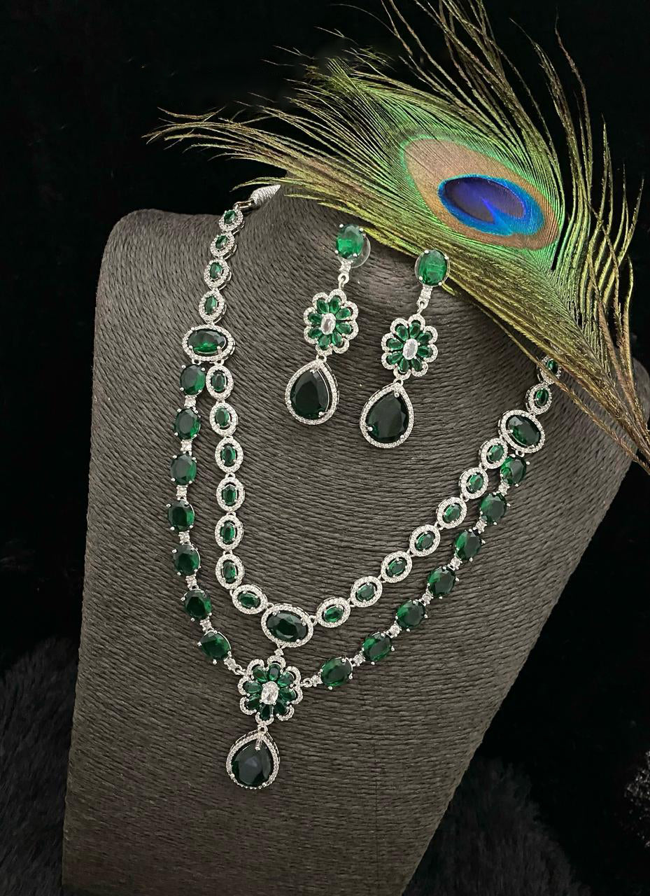 Punjabi Floral Double Layer CZ Statement Necklace Earring Set For Wedding