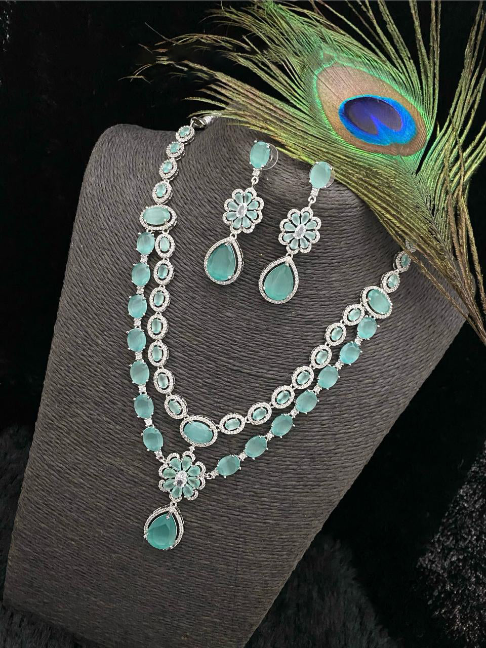 Punjabi Floral Double Layer CZ Statement Necklace Earring Set For Wedding