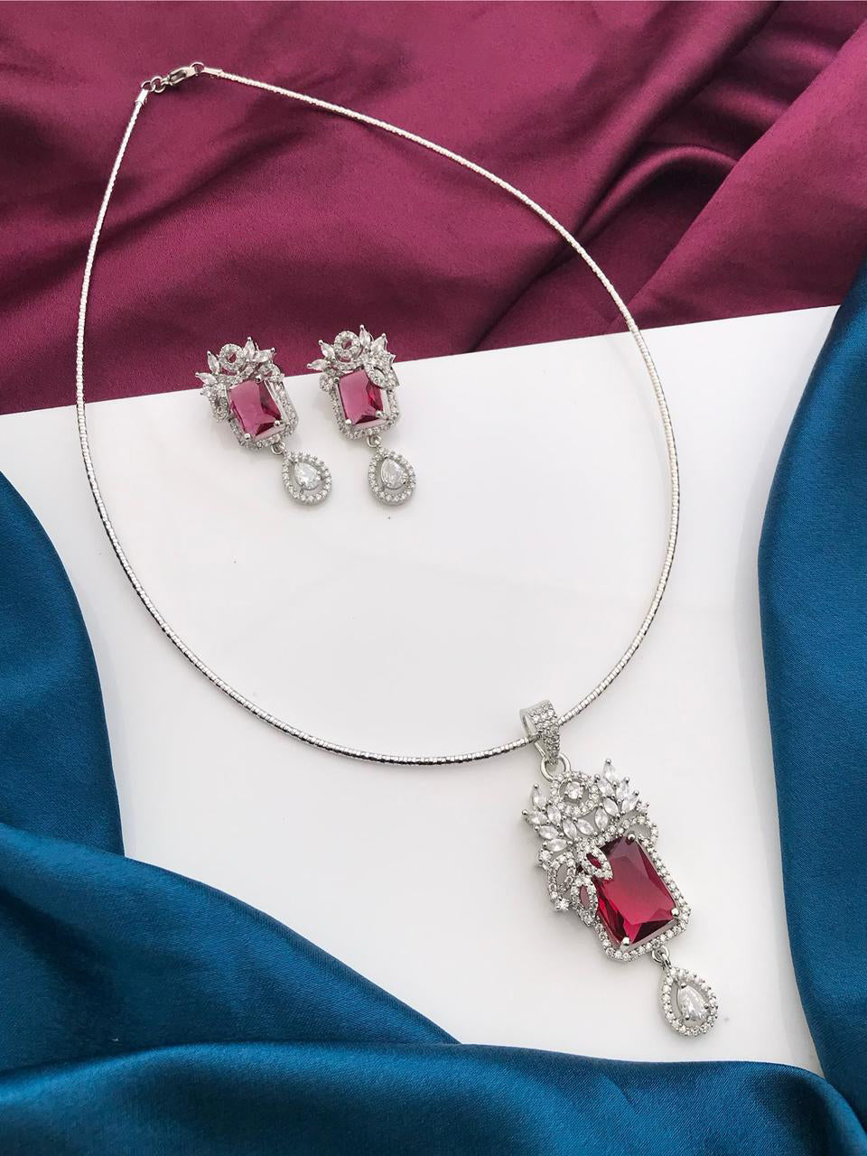 Silver Tone ADStatement Necklace Earring Set For Wedding