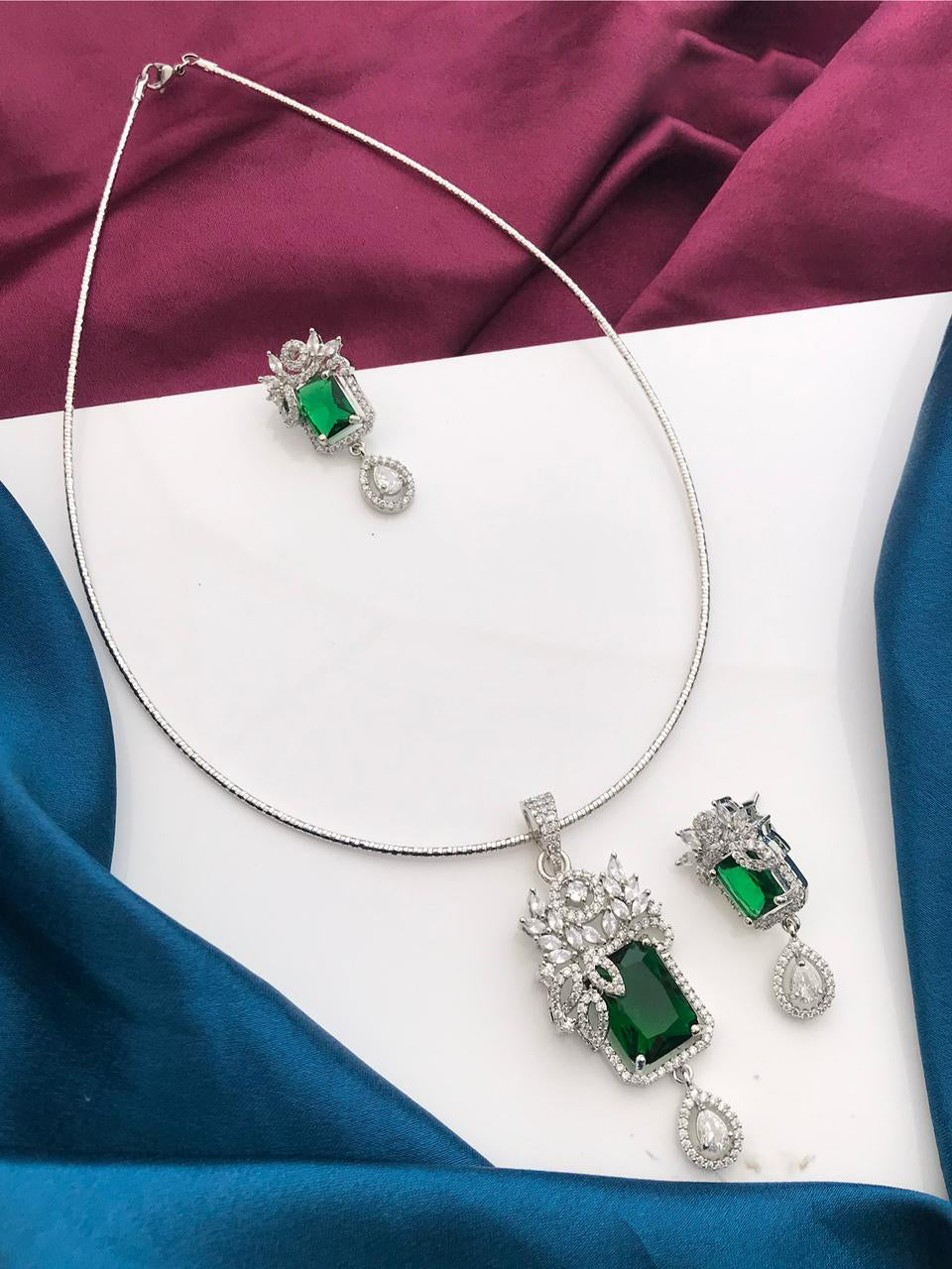 Silver Tone ADStatement Necklace Earring Set For Wedding