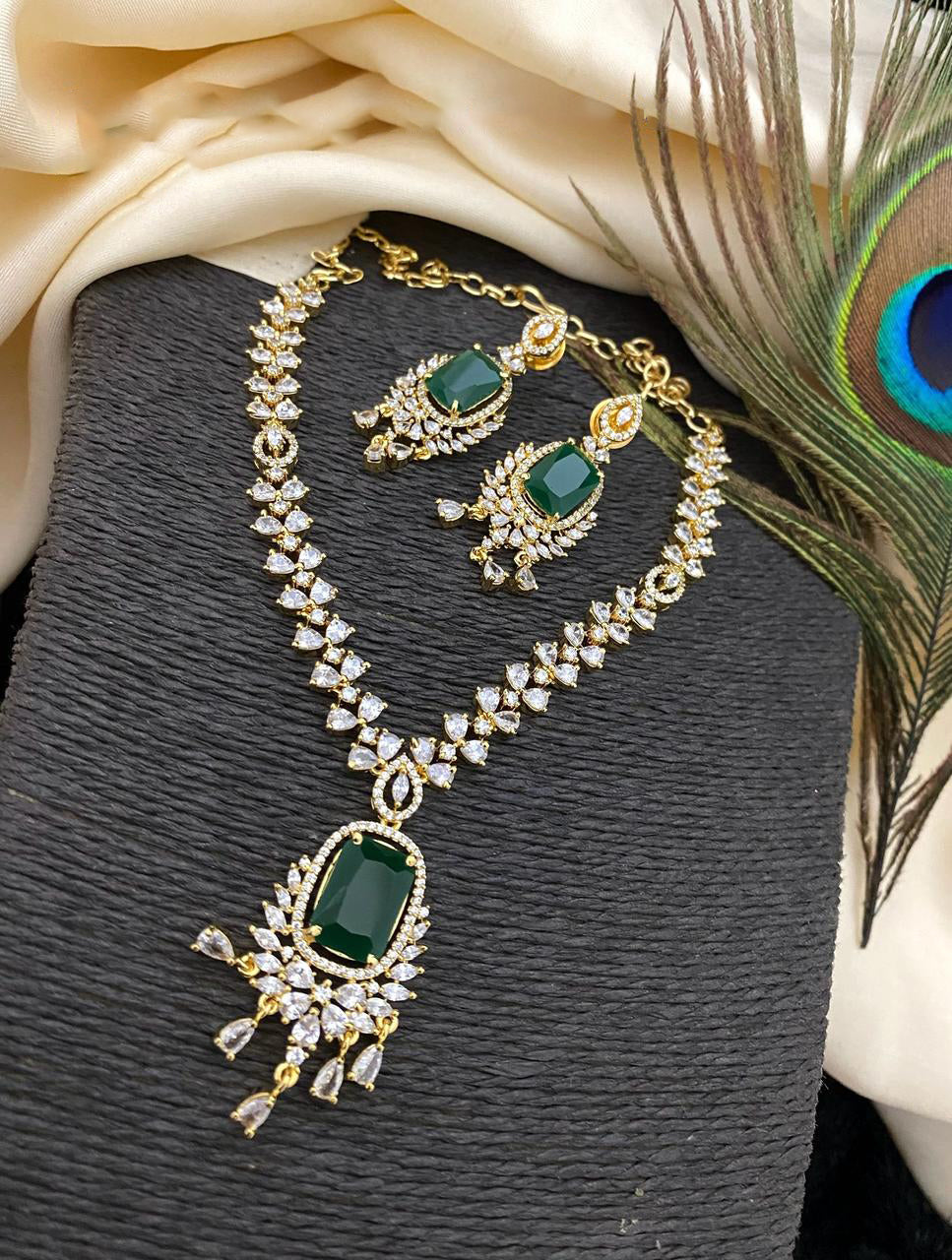 Gold Plated Kundan AD Necklace Earring Set For Wedding