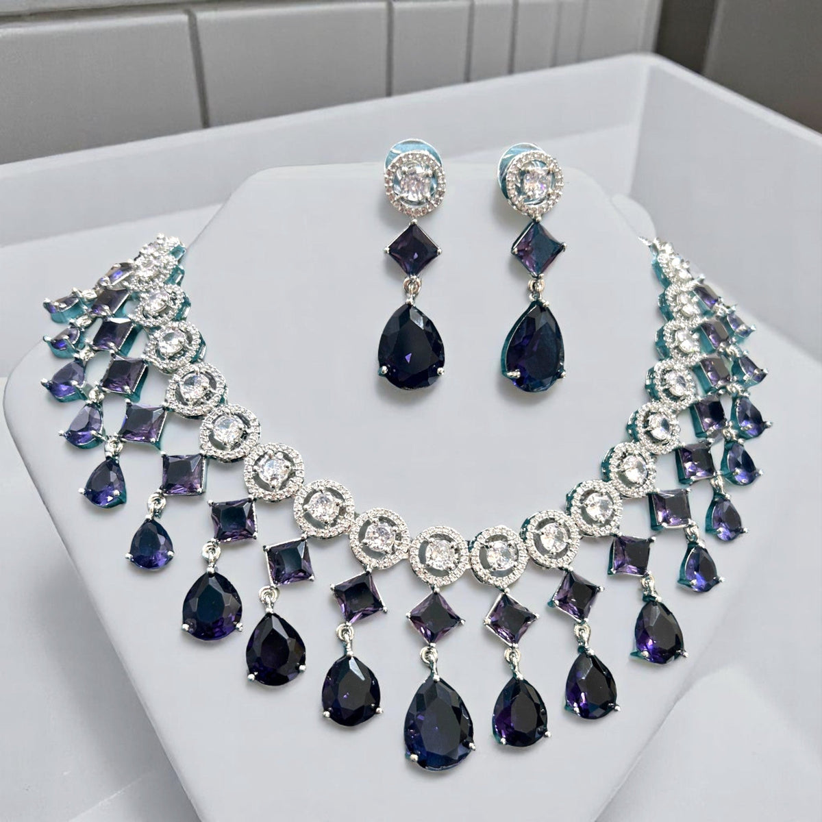 Wedding Drop Silver Finish AD Choker Earring Set For Women