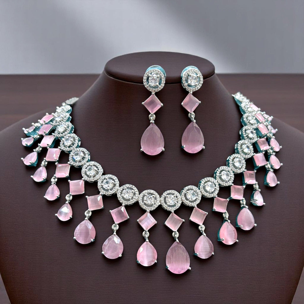 Wedding Drop Silver Finish AD Choker Earring Set For Women