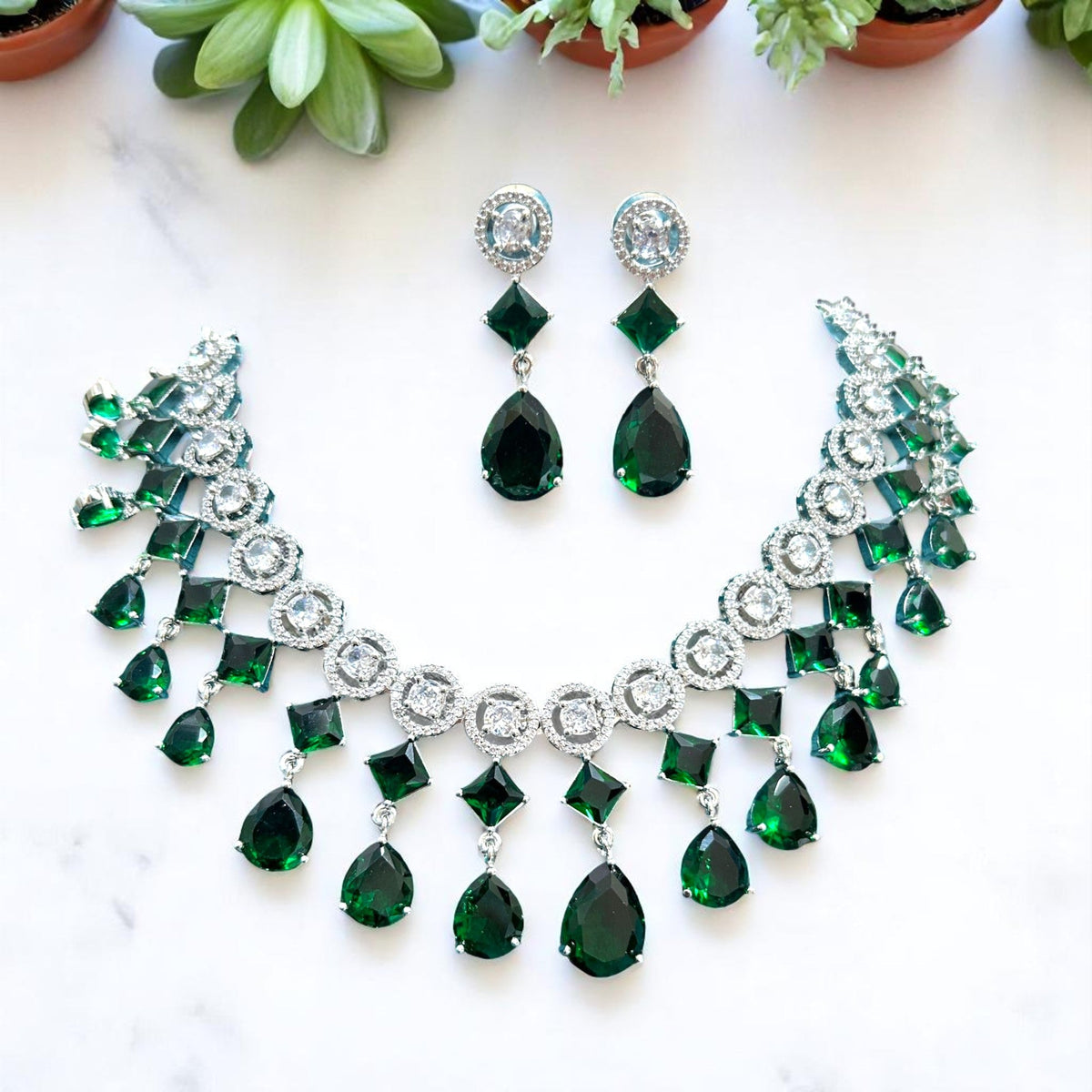 Wedding Drop Silver Finish AD Choker Earring Set For Women