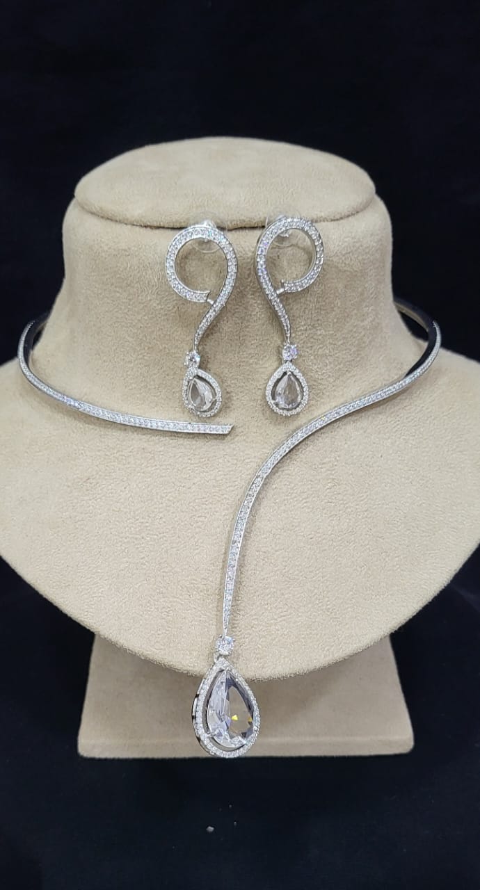 Indian Silver Plated American Diamond Stylish Necklace Earring Set For Wedding
