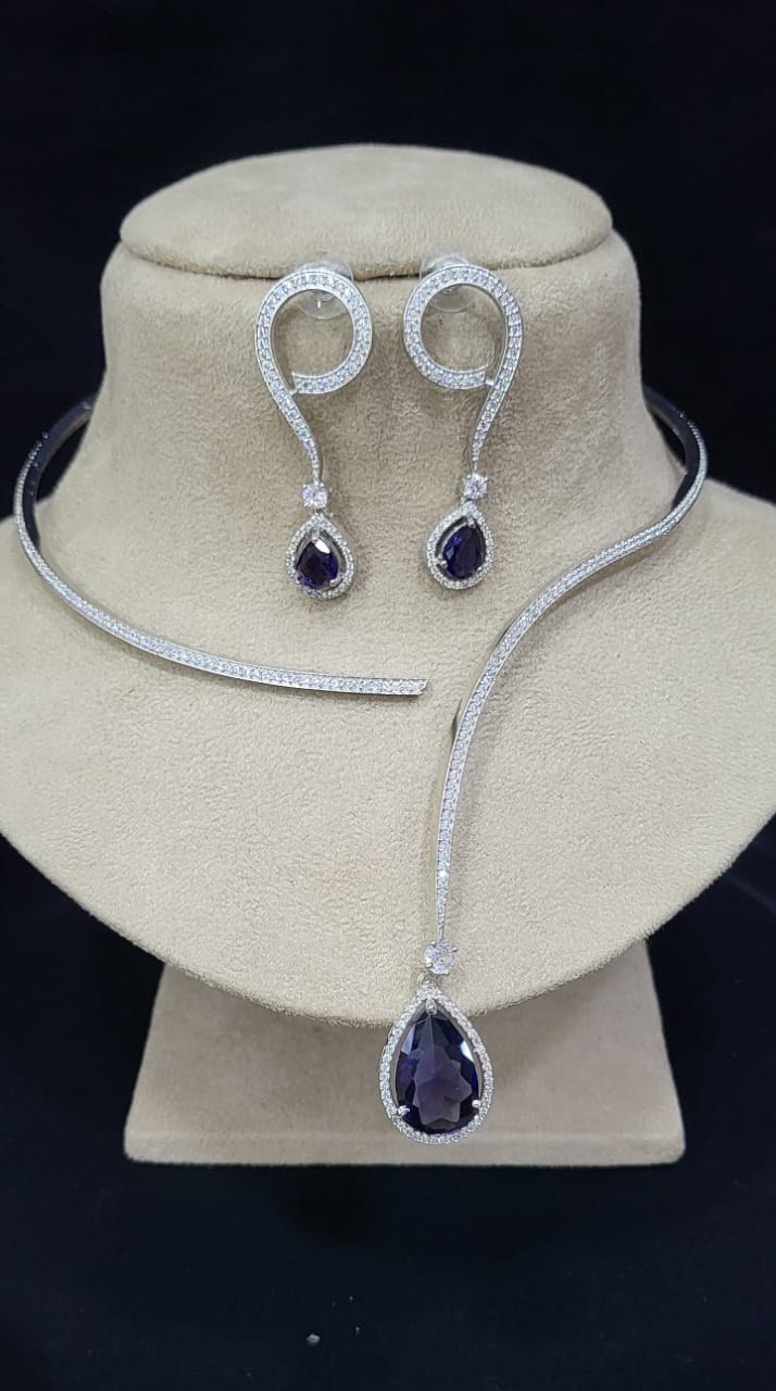 Indian Silver Plated American Diamond Stylish Necklace Earring Set For Wedding