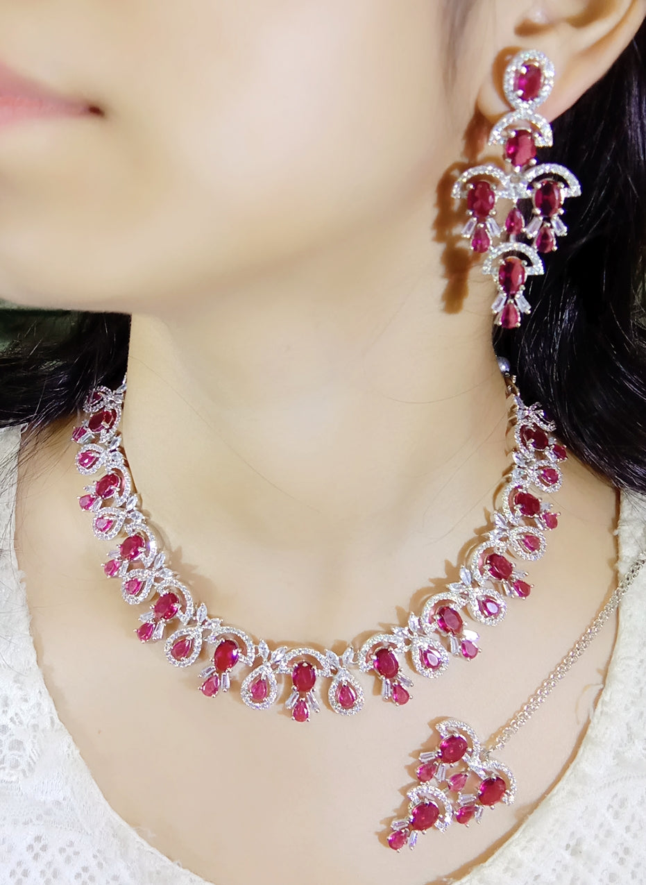 Pakistani Ethnic Floral Silver Plated CZ Choker Earring Mangtikka Set For Bridal Wedding