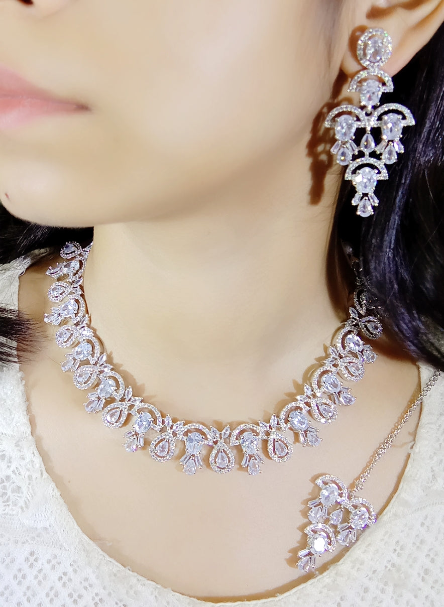 Pakistani Ethnic Floral Silver Plated CZ Choker Earring Mangtikka Set For Bridal Wedding