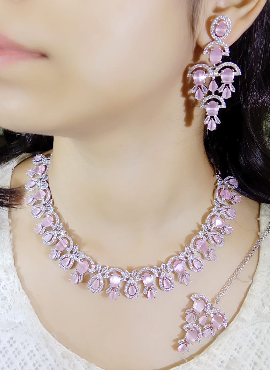 Pakistani Ethnic Floral Silver Plated CZ Choker Earring Mangtikka Set For Bridal Wedding